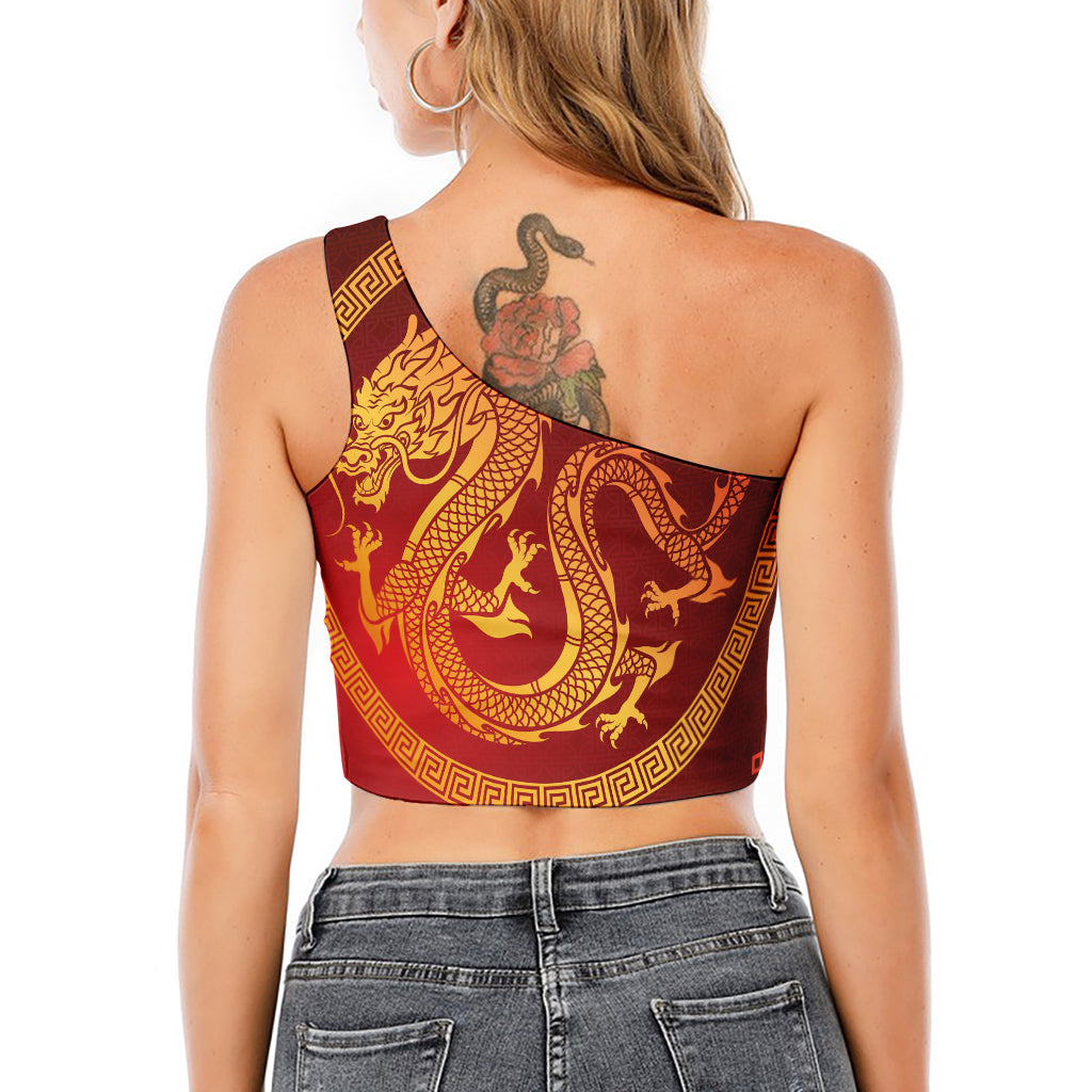 Chinese Dragon Zodiac Sign Print One Shoulder Crop Top