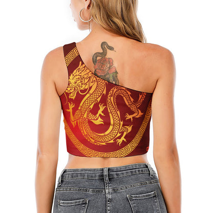 Chinese Dragon Zodiac Sign Print One Shoulder Crop Top