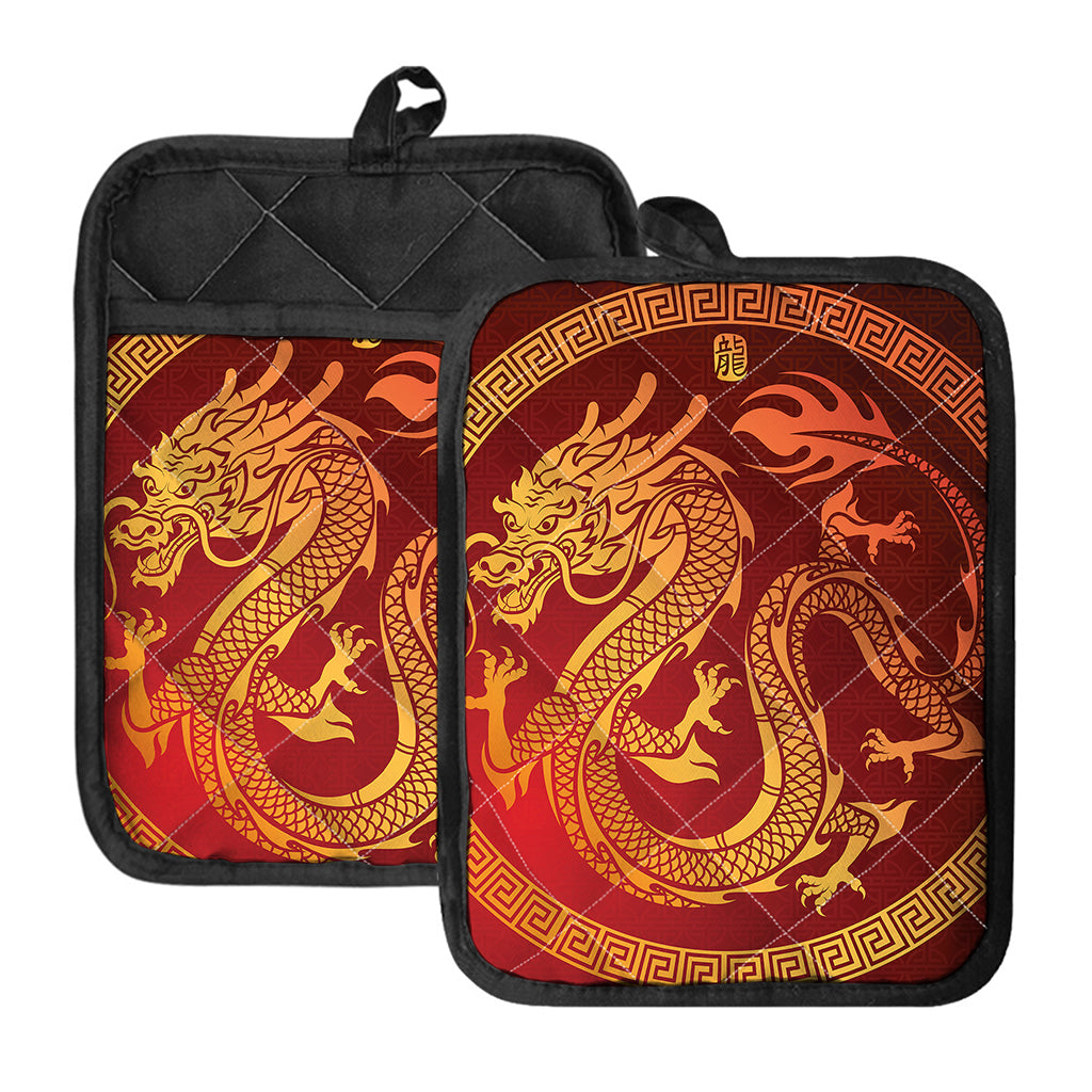 Chinese Dragon Zodiac Sign Print Pot Holders With Pocket