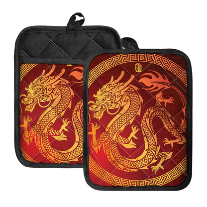 Chinese Dragon Zodiac Sign Print Pot Holders With Pocket