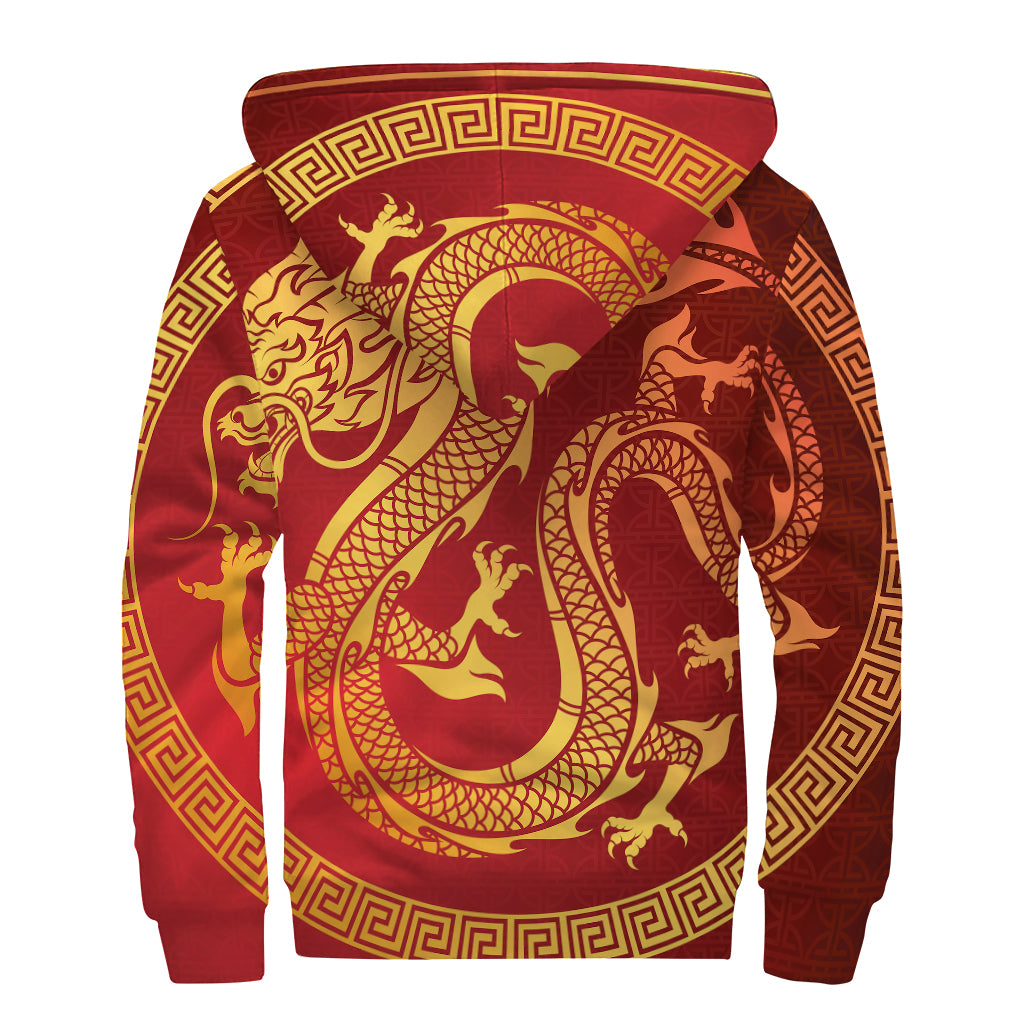 Chinese Dragon Zodiac Sign Print Sherpa Lined Zip Up Hoodie