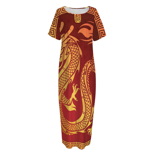 Chinese Dragon Zodiac Sign Print Short Sleeve Long Nightdress