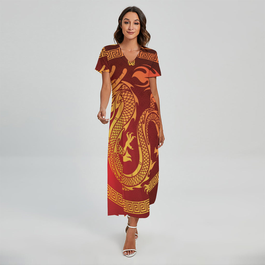 Chinese Dragon Zodiac Sign Print Short Sleeve Maxi Dress