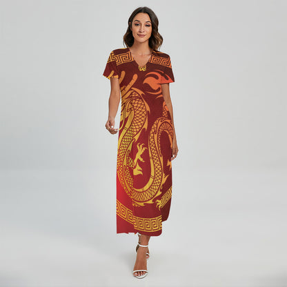 Chinese Dragon Zodiac Sign Print Short Sleeve Maxi Dress