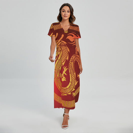 Chinese Dragon Zodiac Sign Print Short Sleeve Maxi Dress