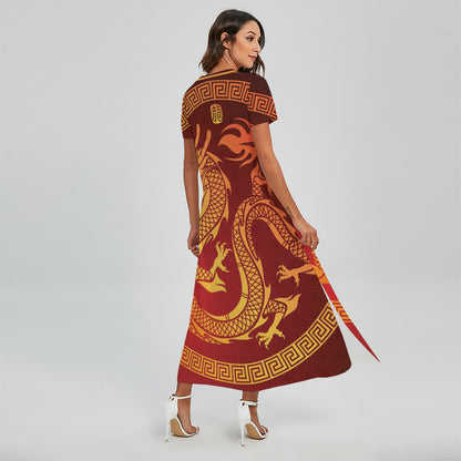 Chinese Dragon Zodiac Sign Print Short Sleeve Maxi Dress