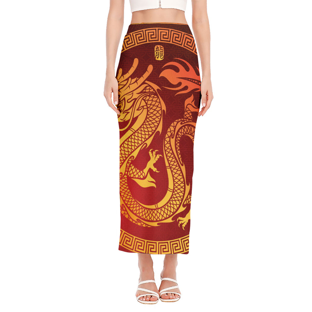 Chinese Dragon Zodiac Sign Print Side Slit Maxi Skirt