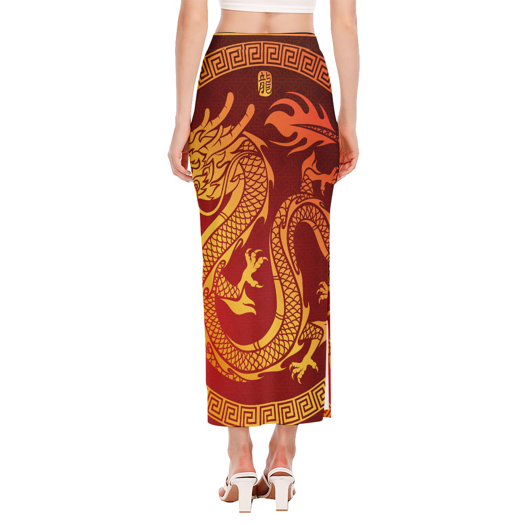 Chinese Dragon Zodiac Sign Print Side Slit Maxi Skirt