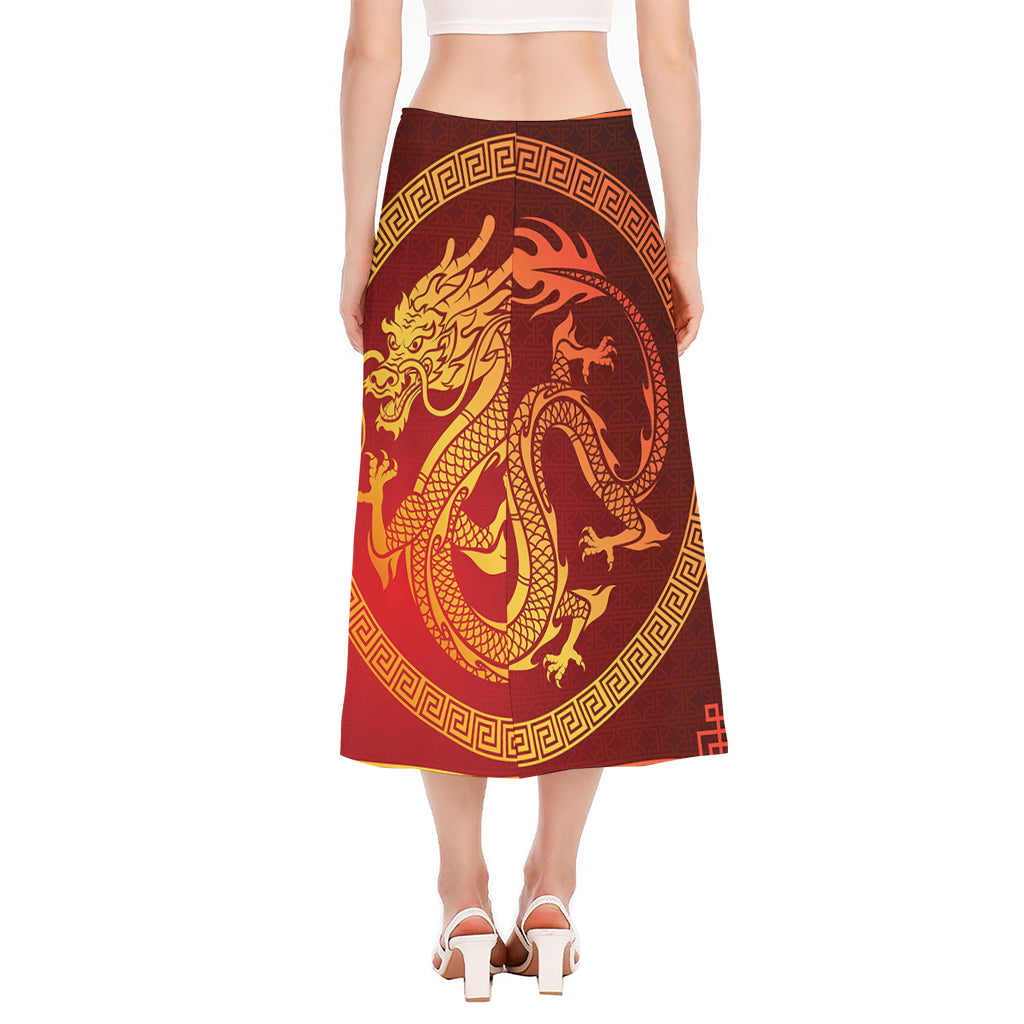 Chinese Dragon Zodiac Sign Print Side Slit Midi Skirt