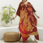 Chinese Dragon Zodiac Sign Print Silk V-Neck Kaftan Dress