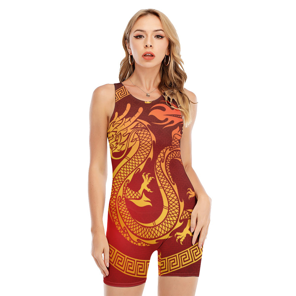 Chinese Dragon Zodiac Sign Print Sleeveless One Piece Swimsuit