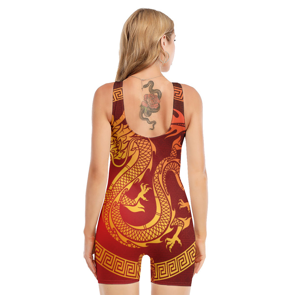 Chinese Dragon Zodiac Sign Print Sleeveless One Piece Swimsuit