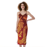 Chinese Dragon Zodiac Sign Print Slim Fit Midi Cami Dress