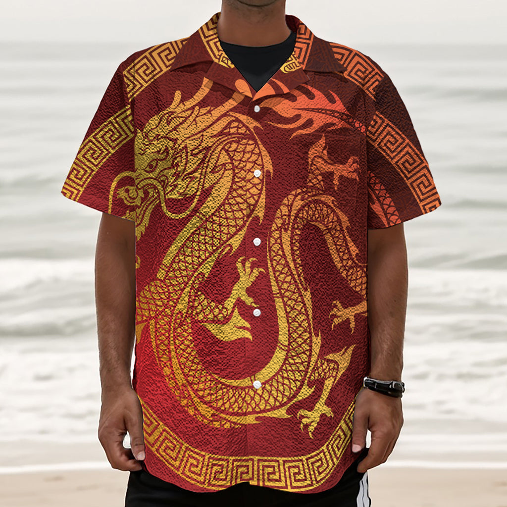 Chinese Dragon Zodiac Sign Print Textured Short Sleeve Shirt