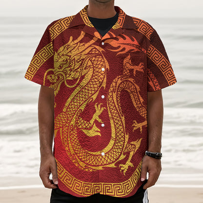 Chinese Dragon Zodiac Sign Print Textured Short Sleeve Shirt