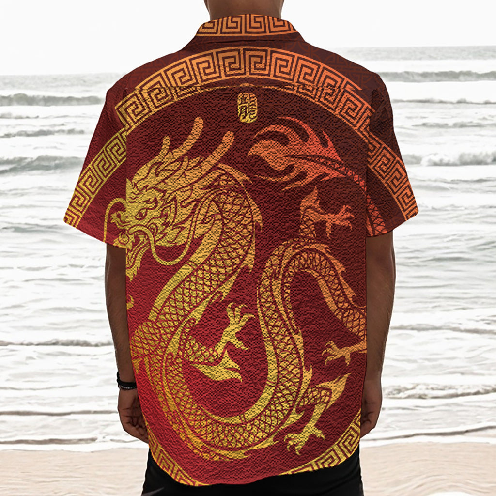 Chinese Dragon Zodiac Sign Print Textured Short Sleeve Shirt
