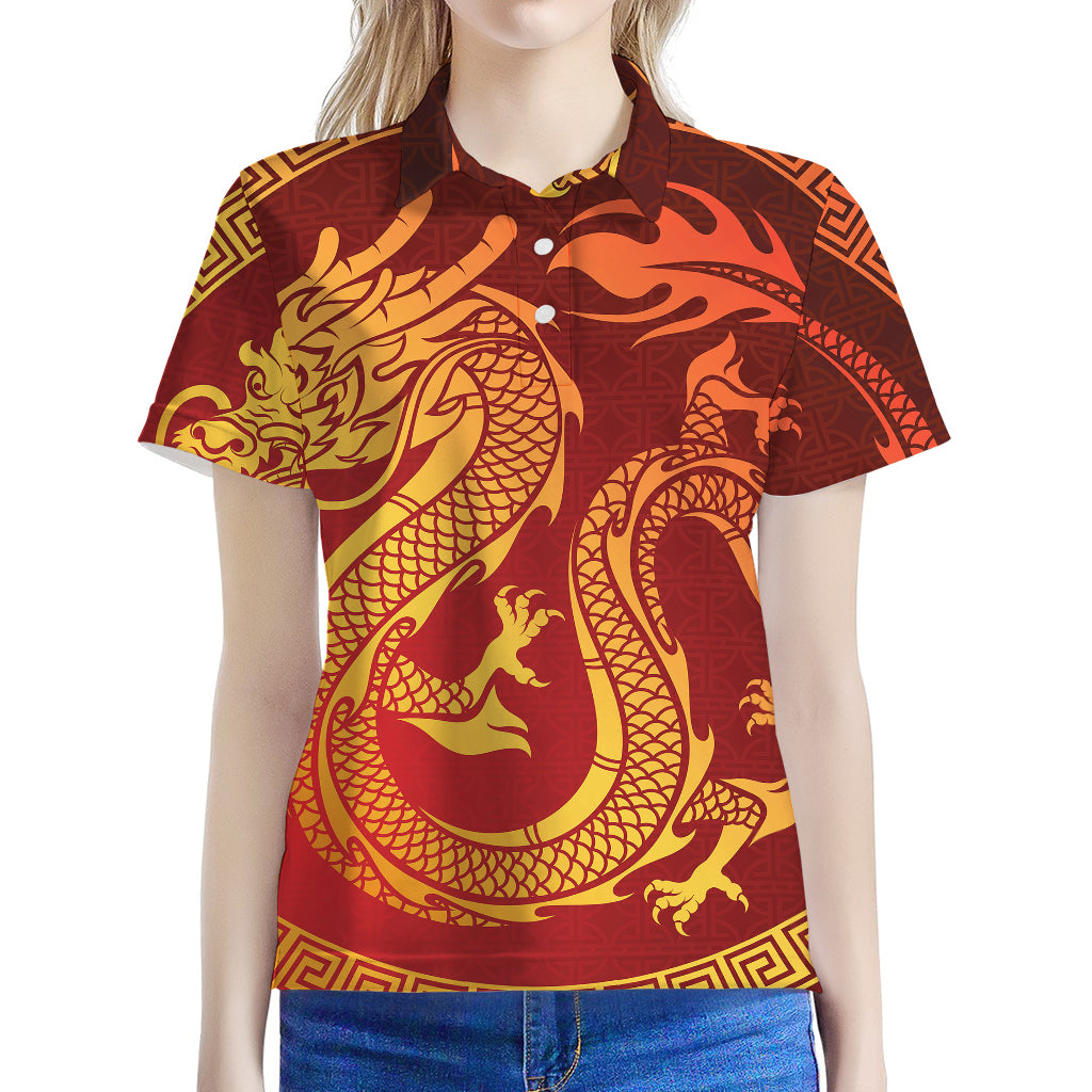 Chinese Dragon Zodiac Sign Print Women's Polo Shirt