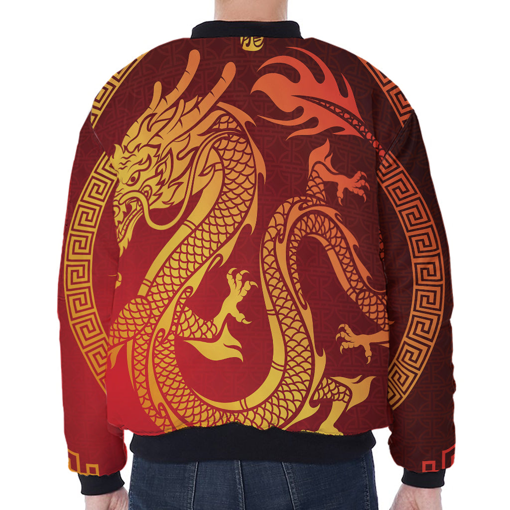 Chinese Dragon Zodiac Sign Print Zip Sleeve Bomber Jacket