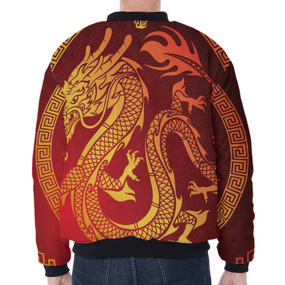 Chinese Dragon Zodiac Sign Print Zip Sleeve Bomber Jacket