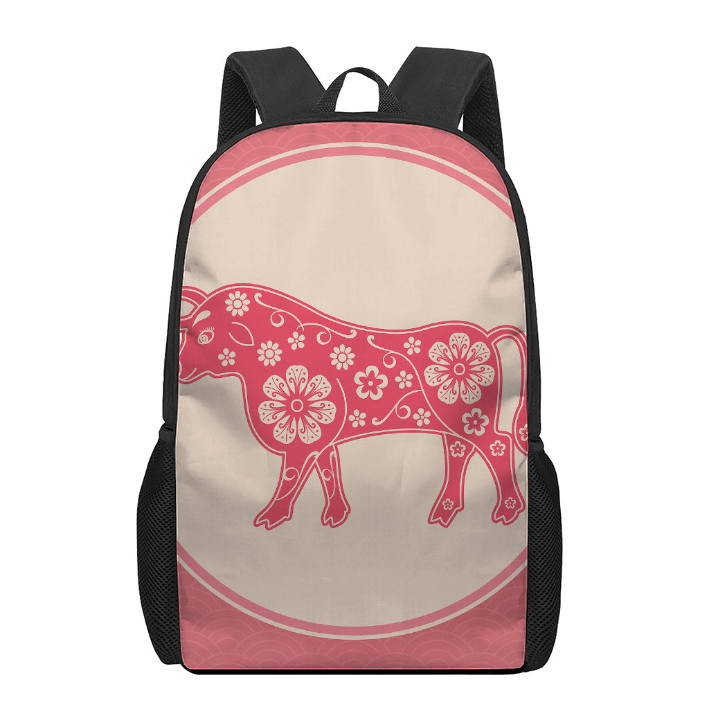 Chinese Flower Ox Zodiac Print 17 Inch Backpack