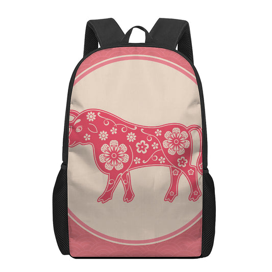 Chinese Flower Ox Zodiac Print 17 Inch Backpack