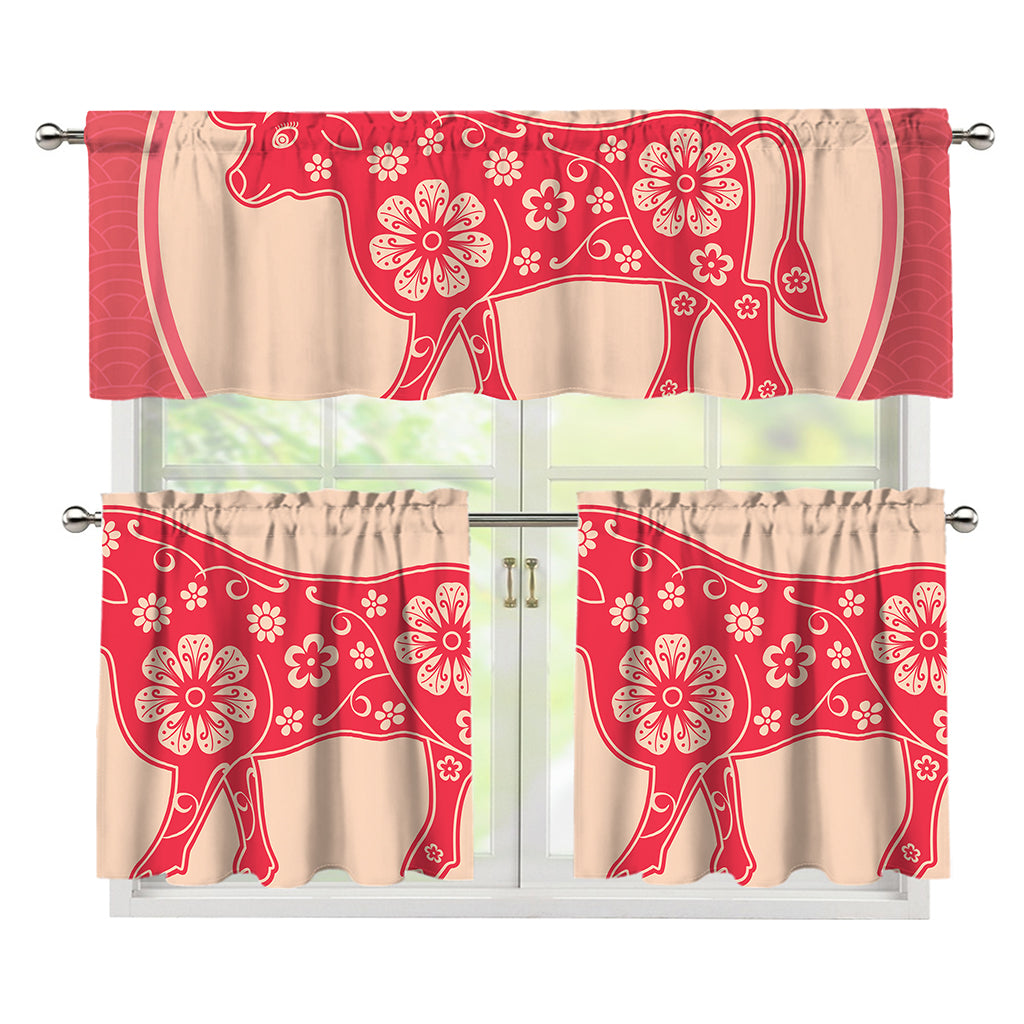 Chinese Flower Ox Zodiac Print 3 Piece Kitchen Curtains