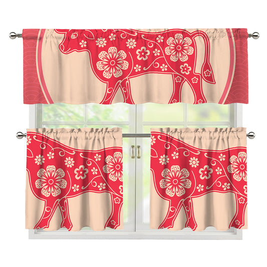 Chinese Flower Ox Zodiac Print 3 Piece Kitchen Curtains