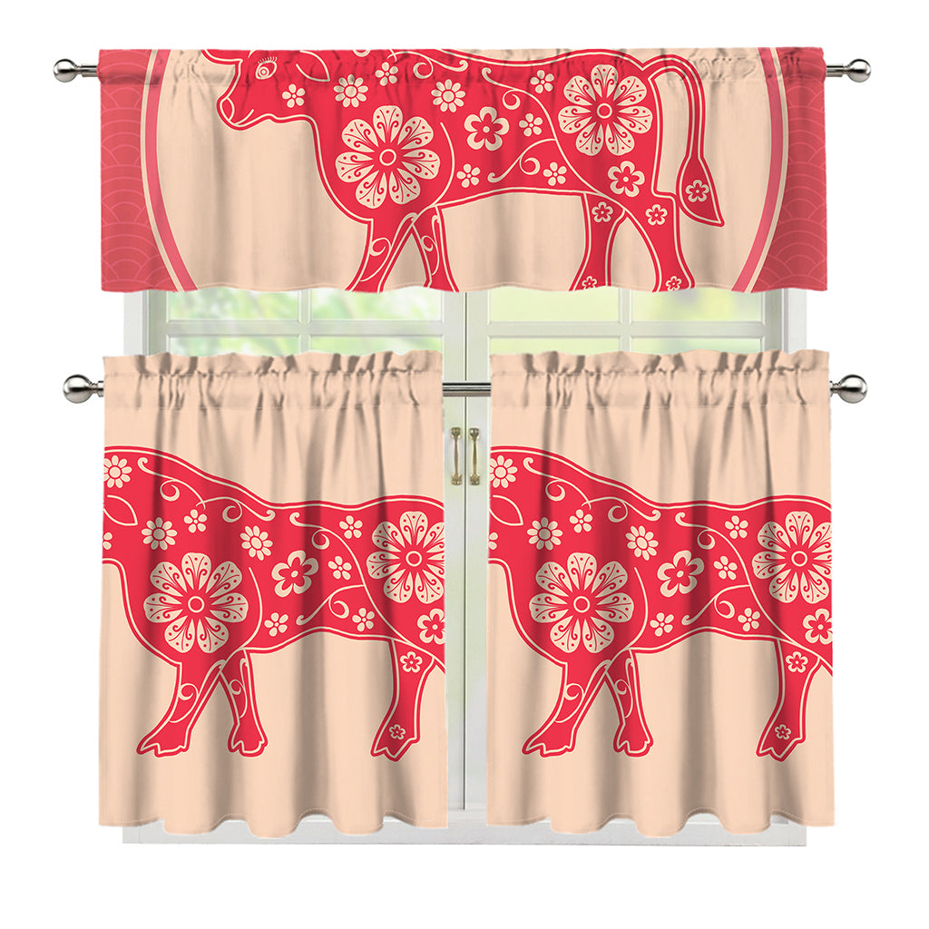 Chinese Flower Ox Zodiac Print 3 Piece Kitchen Curtains