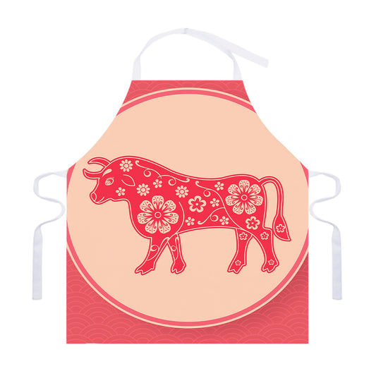 Chinese Flower Ox Zodiac Print Adjustable Apron