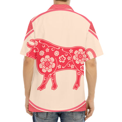 Chinese Flower Ox Zodiac Print Aloha Shirt