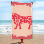 Chinese Flower Ox Zodiac Print Beach Towel