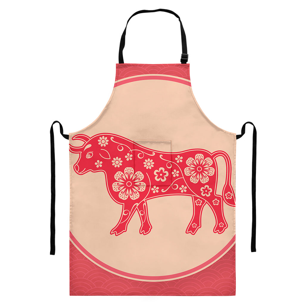 Chinese Flower Ox Zodiac Print Bib Apron With Pocket