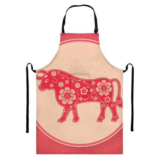 Chinese Flower Ox Zodiac Print Bib Apron With Pocket