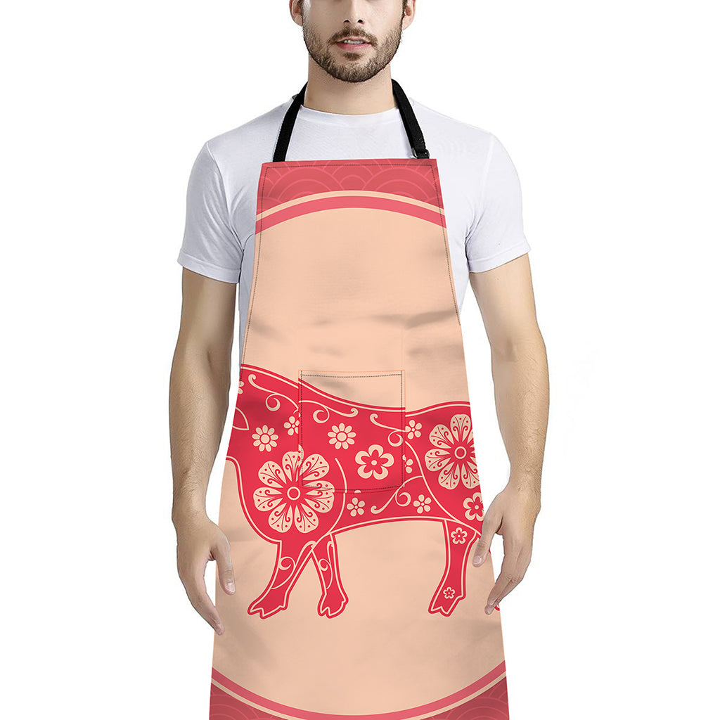 Chinese Flower Ox Zodiac Print Bib Apron With Pocket