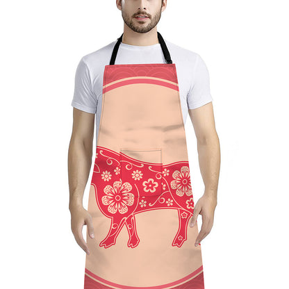 Chinese Flower Ox Zodiac Print Bib Apron With Pocket