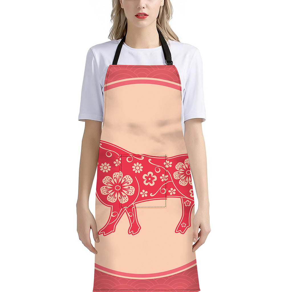 Chinese Flower Ox Zodiac Print Bib Apron With Pocket