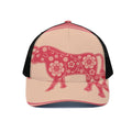Chinese Flower Ox Zodiac Print Black Mesh Trucker Hat