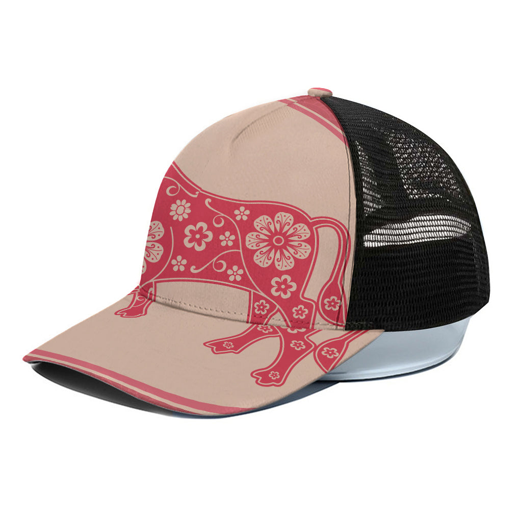 Chinese Flower Ox Zodiac Print Black Mesh Trucker Cap