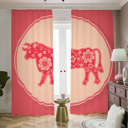 Chinese Flower Ox Zodiac Print Blackout Pencil Pleat Curtains