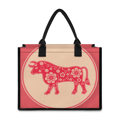 Chinese Flower Ox Zodiac Print Canvas Tote Bag