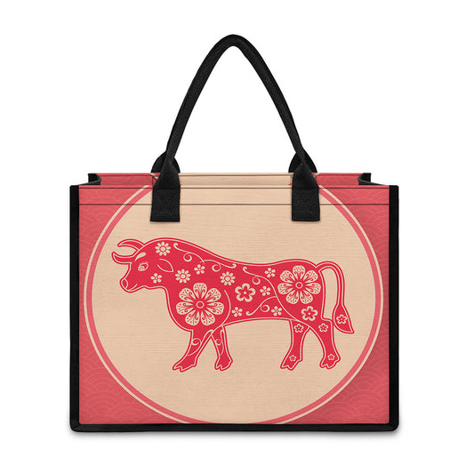 Chinese Flower Ox Zodiac Print Canvas Tote Bag