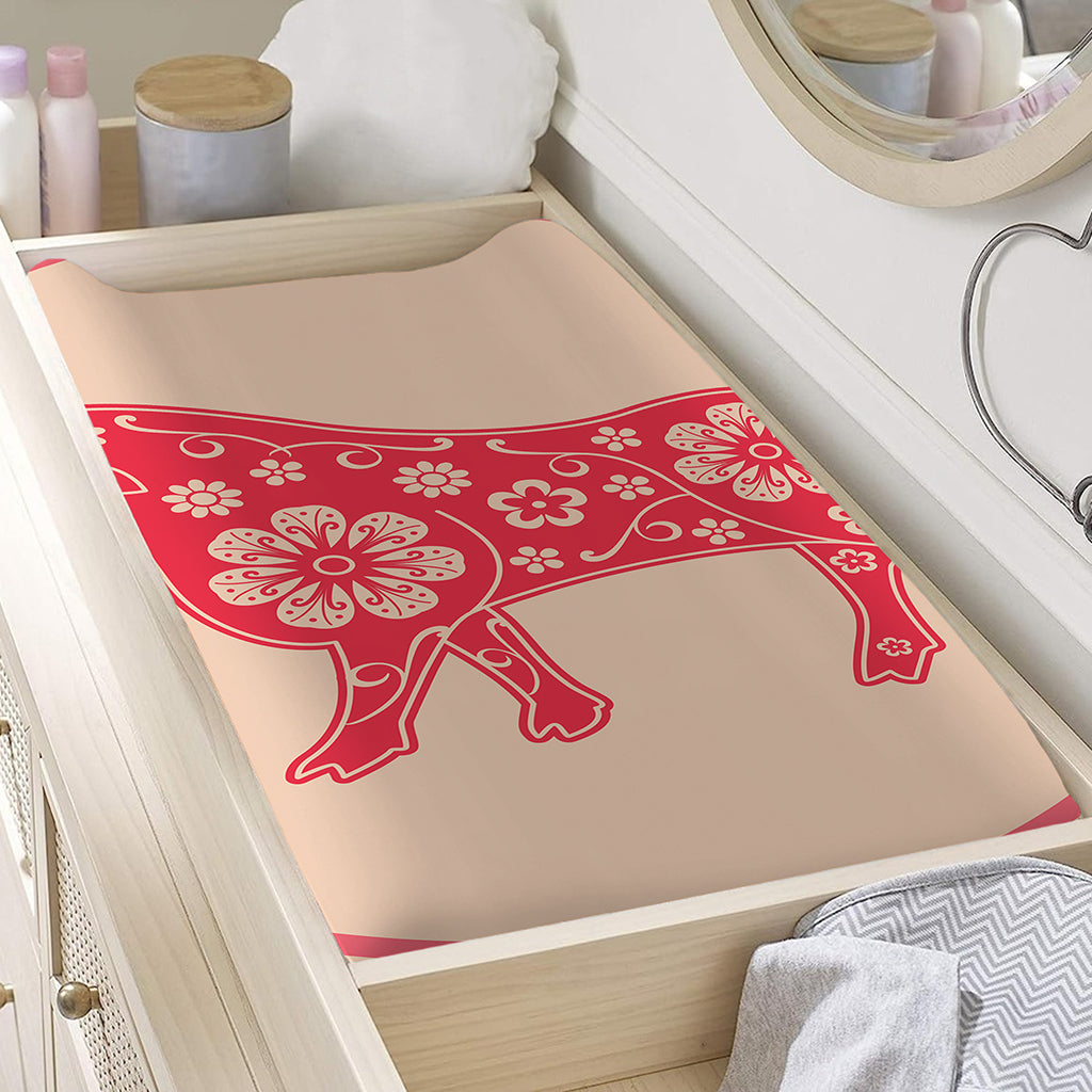 Chinese Flower Ox Zodiac Print Changing Pad Cover