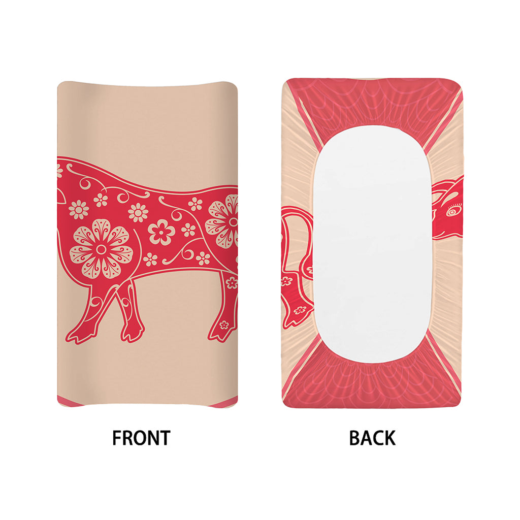 Chinese Flower Ox Zodiac Print Changing Pad Cover