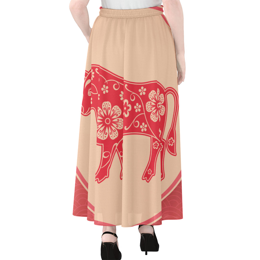 Chinese Flower Ox Zodiac Print Chiffon Maxi Skirt