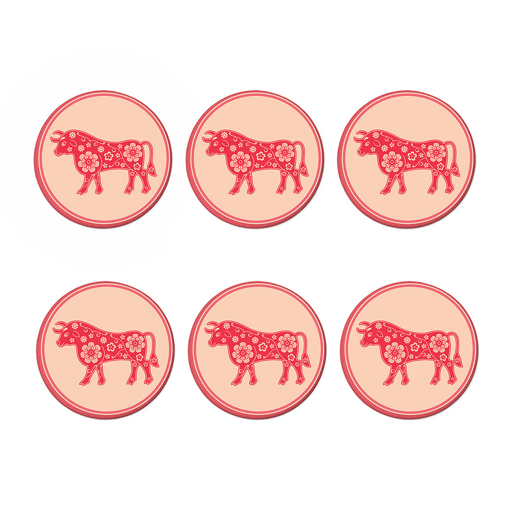Chinese Flower Ox Zodiac Print Coaster Set