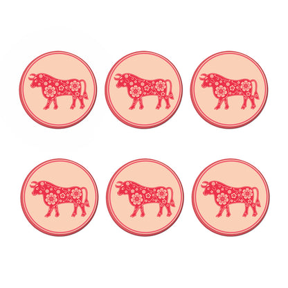 Chinese Flower Ox Zodiac Print Coaster Set