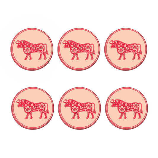Chinese Flower Ox Zodiac Print Coaster Set