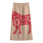 Chinese Flower Ox Zodiac Print Cotton Front Slit Maxi Skirt
