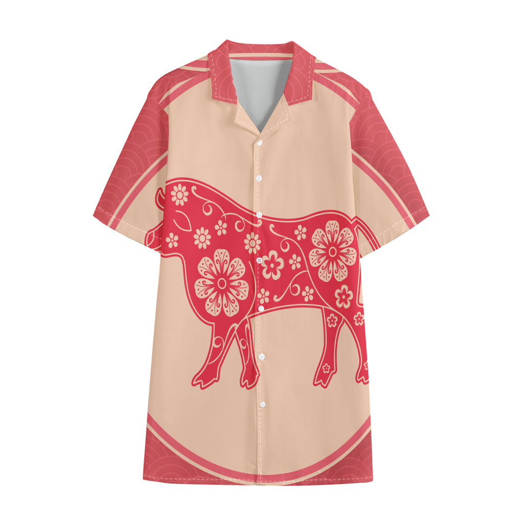 Chinese Flower Ox Zodiac Print Cotton Hawaiian Shirt