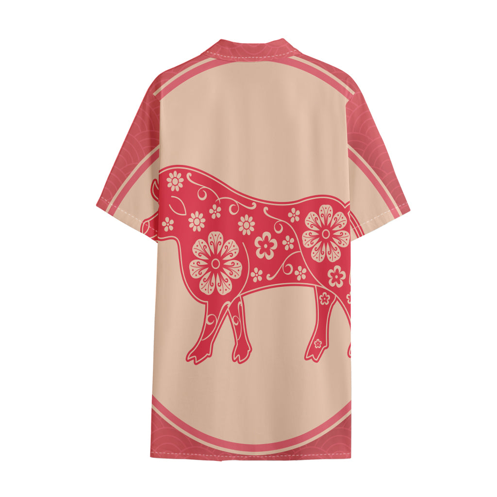 Chinese Flower Ox Zodiac Print Cotton Hawaiian Shirt